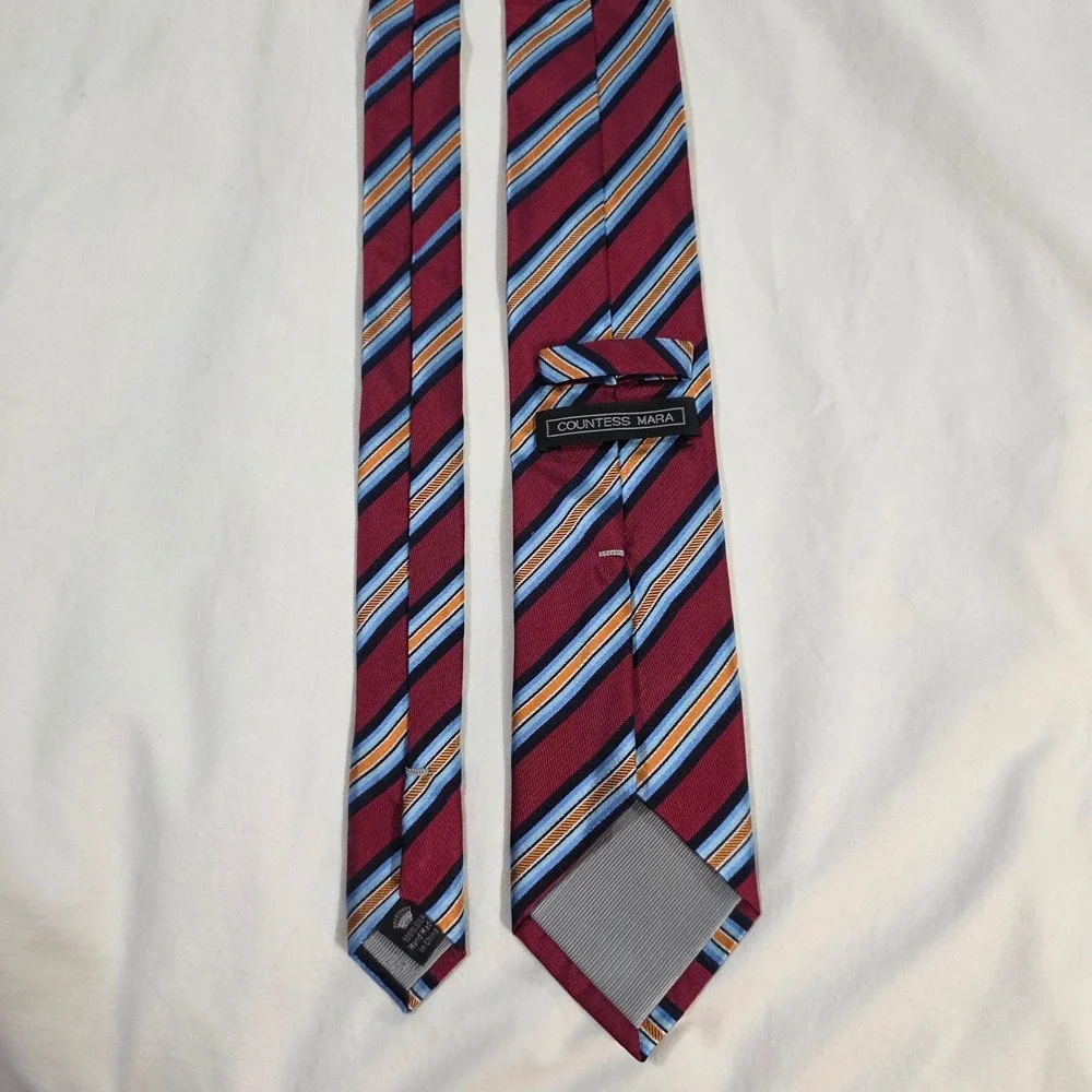 Countess Mara Mens Silk Necktie Burgundy Blue Orange Striped Handmade Crown Logo